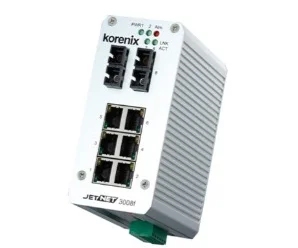 JetNet 3008f-s artiklikood: BE_F00N3008240302, nimetus: JetNet 3008f-s, kirjeldus: Tööstuslik 8 pordiga mittehallatav Ethernet switch
6 liidest 10/100TX, Auto MDI/MDI-X
2 liidest 100Base-FX Duplex SC Single-Mode 30 km
Dubleeritud toitesisendid: 10..60 VDC
Releeväljundid: pordi häire, toite häire
IP31, alumiiniumkorpus, Töötemperatuur: -10..+70°C